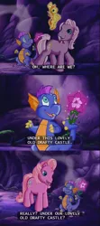 Size: 640x1438 | Tagged: breezie, cave, derpibooru import, flower, g3, lovely old drafty castle, master kenbroath gilspotten heathspike, pinkie pie, pinkie pie (g3), princess flower, safe, screencap, smell, spike, subtitles, the princess promenade, wysteria, zipzee