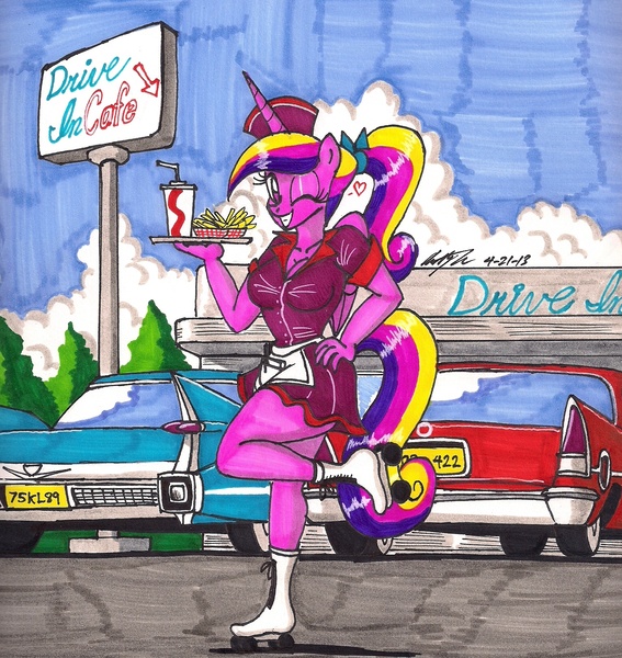 Size: 1535x1623 | Tagged: anthro, apron, artist:newyorkx3, cadillac, cafe, car, chrysler, clothes, cute, derpibooru import, diner, food, plantigrade anthro, ponytail, princess cadance, restaurant, roller skates, safe, traditional art, uniform, waitress