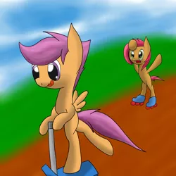 Size: 2600x2600 | Tagged: artist:flashiest lightning, babs seed, cutie mark crusaders, derpibooru import, fast, filly, foal, hill, playing, roller skates, safe, scootaloo, scooter