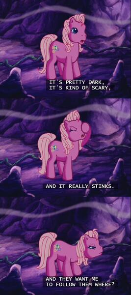 Size: 640x1438 | Tagged: cave, derpibooru import, g3, pinkie pie, safe, smell, subtitles, the princess promenade, vine