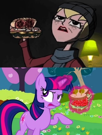 Size: 325x432 | Tagged: a canterlot wedding, comparison, derpibooru import, princess ilana, safe, sandwich, sandwich armor, screencap, sym-bionic titan, tara strong, twilight sparkle, voice actor joke