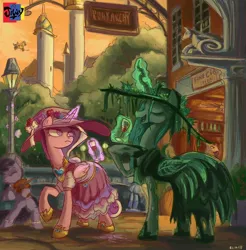 Size: 2014x2044 | Tagged: safe, artist:jowybean, derpibooru import, octavia melody, princess cadance, queen chrysalis, pony, bipedal, canterlot, clothes, dress, drink, eyes closed, frown, glare, glass, hat, hoof hold, levitation, magic, open mouth, raised hoof, smiling, telekinesis, violin, wine glass