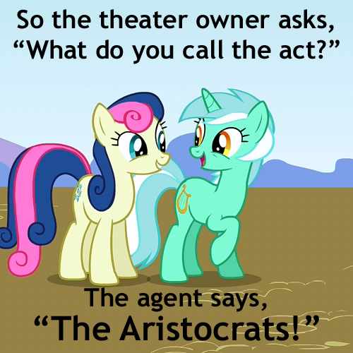 Size: 500x500 | Tagged: safe, derpibooru import, edit, edited screencap, screencap, bon bon, lyra heartstrings, sweetie drops, dragonshy, caption, cropped, duo, image macro, joke, the aristocrats