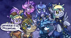 Size: 600x324 | Tagged: safe, artist:saturnspace, derpibooru import, idw, amethyst star, derpy hooves, dinky hooves, doctor whooves, princess luna, star hunter, time turner, pegasus, pony, clockwise whooves, clockpunk, exploitable meme, female, jack harkness, mare, nature is so fascinating, reference, universe is so fascinating