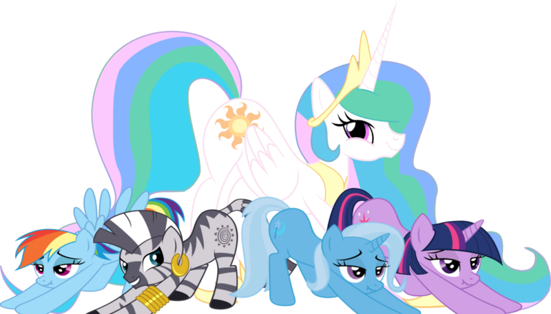 Size: 1227x700 | Tagged: safe, derpibooru import, princess celestia, rainbow dash, trixie, twilight sparkle, zecora, alicorn, earth pony, pegasus, pony, unicorn, zebra, crown, hoof shoes, iwtcird, jewelry, lidded eyes, looking at you, meme, peytral, regalia, scrunchy face, simple background, smiling, stretching, transparent background, unicorn twilight, vector