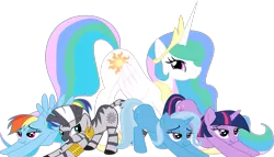 Size: 1227x700 | Tagged: safe, derpibooru import, princess celestia, rainbow dash, trixie, twilight sparkle, zecora, alicorn, earth pony, pegasus, pony, unicorn, zebra, crown, hoof shoes, iwtcird, jewelry, lidded eyes, looking at you, meme, peytral, regalia, scrunchy face, simple background, smiling, stretching, transparent background, unicorn twilight, vector