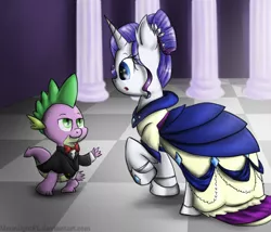 Size: 2574x2200 | Tagged: safe, artist:moonlightfl, derpibooru import, rarity, spike, alternate hairstyle, ball, clothes, dress, female, male, shipping, sparity, straight, tuxedo