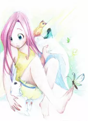 Size: 1091x1500 | Tagged: angel bunny, animal, artist:paulina-ap, barefoot, bird, breasts, butterfly, clothes, cute, delicious flat chest, feet, flattershy, fluttershy, human, humanized, safe, sitting, tanktop, traditional art