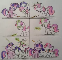 Size: 1826x1768 | Tagged: safe, artist:mrhaliboot, derpibooru import, rarity, sweetie belle, twilight sparkle, twilight sparkle (alicorn), alicorn, pony, comic, female, mare, pencil, pencil drawing, traditional art