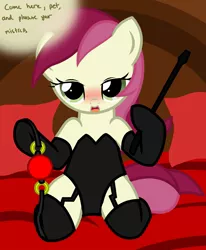 Size: 1645x2000 | Tagged: artist:pyruvate, ballgag, bed, dominatrix, femdom, gag, mistress, offscreen character, pov, roseluck, submissive pov, suggestive, whip