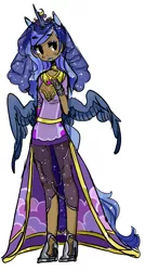 Size: 600x1118 | Tagged: artist:costly, clothes, coronation dress, derpibooru import, dress, eared humanization, horned humanization, humanized, princess luna, safe, simple background, skinny, solo, tailed humanization, winged humanization