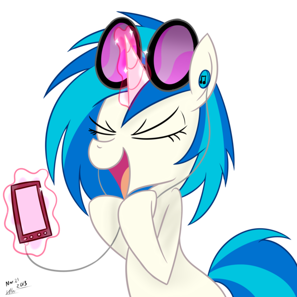 Size: 2000x2000 | Tagged: artist:chir-miru, derpibooru import, earbuds, explicit source, glowing horn, happy, ipod, magic, mobile phone, mp3 player, phone, safe, simple background, smartphone, solo, telekinesis, transparent background, vinyl scratch