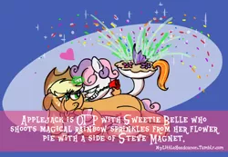 Size: 500x345 | Tagged: applejack, artist:brutamod, derpibooru import, exploitable meme, headcanon, mylittleheadcanon, otp, parody, pie, safe, satire, steven magnet, sweetie belle, sweetiejack