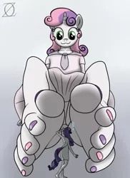 Size: 800x1100 | Tagged: suggestive, artist:dactdigityl, derpibooru import, rarity, sweetie belle, anthro, plantigrade anthro, unicorn, :3, barefoot, close-up, clothes, dress, exclamation point, feet, foal, foot fetish, foot focus, footjob pose, giant anthro, giantess, looking up, macro, micro, nail polish, panties, pink underwear, pov, size difference, skirt, soles, surprised, toenails, toes, underwear, upskirt, young
