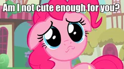 Size: 1280x719 | Tagged: a friend in deed, bronybait, caption, cute, derpibooru import, edit, edited screencap, frown, image macro, pinkie pie, puppy dog eyes, safe, screencap, solo