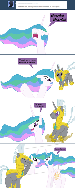 Size: 1275x3185 | Tagged: safe, artist:hakar-kerarmor, derpibooru import, princess celestia, oc, oc:bastion, ask four inept guardponies, royal guard