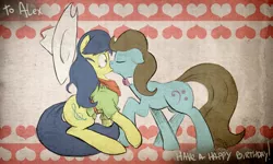 Size: 1280x766 | Tagged: apple family member, artist:fiddlearts, beauty brass, derpibooru import, female, fiddlebrass, fiddlesticks, kissing, lesbian, musician, safe, shipping, surprised, surprise kiss