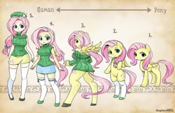 Size: 1600x1035 | Tagged: safe, artist:shepherd0821, derpibooru import, fluttershy, anthro, human, pegasus, pony, semi-anthro, unguligrade anthro, :3, :o, anthro chart, anthro with ponies, beret, big breasts, bipedal, breasts, busty fluttershy, chart, clothes, cute, female, hat, humanized, line-up, looking at you, looking back, mare, off shoulder, off shoulder sweater, open mouth, scale, skirt, sleeveless turtleneck, smiling, socks, spread wings, sweater, sweater puppies, sweatershy, thigh highs, wings