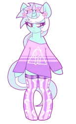 Size: 573x932 | Tagged: safe, artist:mewball, derpibooru import, lyra heartstrings, pony, semi-anthro, unicorn, bipedal, clothes, crown, fashion, floral head wreath, pastel goth, shirt, simple background, socks, soft grunge, solo, stockings, striped socks, transparent background, wingding eyes