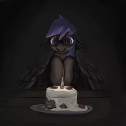 Size: 1126x1126 | Tagged: artist:erijt, cake, dark, derpibooru import, food, safe, scootaloo, solo