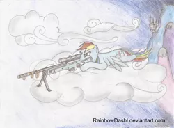 Size: 1024x754 | Tagged: safe, derpibooru import, rainbow dash, pegasus, pony, arctic warfare, canterlot, cloud, cutie mark, drawing, equestria, female, gun, hooves, lying down, mare, military, on a cloud, optical sight, rifle, sniper, sniper rifle, solo, spread wings, weapon, wings