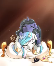 Size: 500x600 | Tagged: safe, artist:rojek-kor, derpibooru import, princess celestia, princess luna, pony, blushing, cute, cutelestia, eyes closed, filly, floppy ears, pillow, pony hat, pony pile, prone, sleeping, smiling, woona, younger