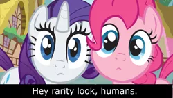 Size: 900x506 | Tagged: safe, derpibooru import, pinkie pie, rarity, fourth wall, fourth wall ponies, image macro, talking about humans