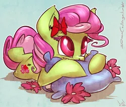 Size: 1000x849 | Tagged: apple family member, artist:atryl, background pony, florina tart, flower, minty apple, pillow, safe