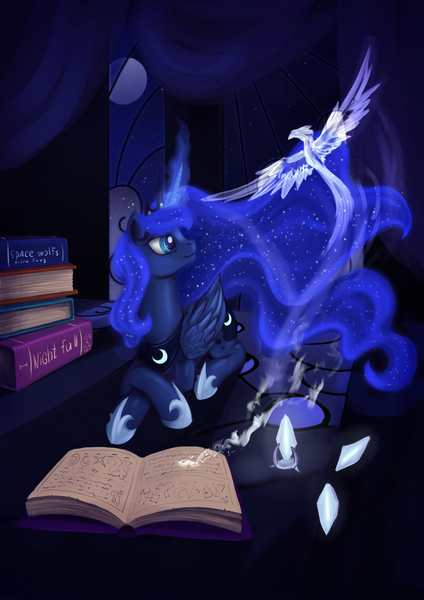 Size: 2480x3508 | Tagged: safe, artist:dalagar, derpibooru import, princess luna, alicorn, ice phoenix, phoenix, pony, animal, book, conjuring, crystal, dark, female, glow, magic, mare, night, patronus, pile