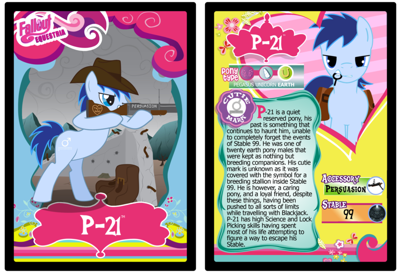 Size: 3100x2110 | Tagged: artist:rinmitzuki, derpibooru import, fallout equestria, fallout equestria: project horizons, oc, oc:p-21, safe, text, trading card, unofficial characters only