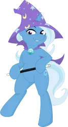 Size: 2143x4000 | Tagged: safe, artist:bork88, artist:joey darkmeat, derpibooru import, trixie, pony, belly button, bipedal, cape, clothes, colored, hat, simple background, solo, transparent background, trixie's cape, trixie's hat, vector, wand