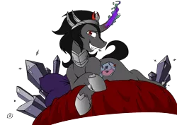 Size: 1202x850 | Tagged: suggestive, artist:joey darkmeat, artist:mynder, derpibooru import, king sombra, pony, unicorn, armor, bed, bedroom eyes, colored, colored horn, crystal, curved horn, glass, horn, magic, magic aura, male, prone, sexy, simple background, solo, solo male, sombra's horn, stallion, stupid sexy sombra, transparent background, wine, wine glass