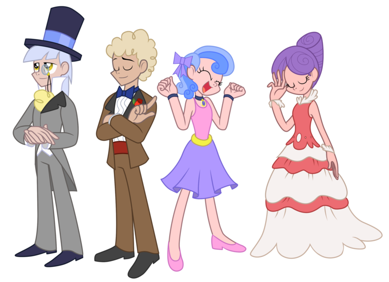 Size: 2500x1815 | Tagged: a canterlot wedding, artist:trinityinyang, caesar, clothes, derpibooru import, dress, female, hat, herald, humanized, male, monocle, monocle and top hat, north star, ribbon, royal ribbon, safe, sealed scroll, suit, top hat