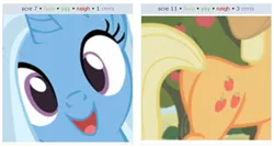 Size: 791x424 | Tagged: applejack, artist:sparkarez, exploitable meme, juxtaposition, juxtaposition win, plot, smiling, suggestive, trixie