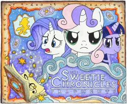 Size: 1057x868 | Tagged: safe, artist:do-you-sell-crisps, derpibooru import, rarity, sweetie belle, twilight sparkle, fanfic:the sweetie chronicles: fragments, crystal, cutie mark, fanfic art, fanfic cover, wanderer d