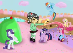 Size: 4800x3505 | Tagged: absurd resolution, applejack, artist:tokyo-terror, crossover, derpibooru import, fluttershy, party cannon, pinkie pie, rainbow dash, rarity, safe, sugar rush, twilight sparkle, vanellope von schweetz, wreck-it ralph