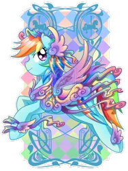 Size: 1024x1365 | Tagged: dead source, safe, artist:amelie-ami-chan, derpibooru import, rainbow dash, carousel, clothes, costume, deviantart watermark, obtrusive watermark, solo, watermark