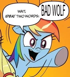 Size: 334x366 | Tagged: safe, derpibooru import, idw, rainbow dash, bad wolf, doctor who, exploitable meme, meme, two words meme