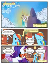 Size: 612x792 | Tagged: safe, artist:newbiespud, derpibooru import, edit, edited screencap, screencap, rainbow dash, rarity, pegasus, pony, unicorn, comic:friendship is dragons, suited for success, canterlot, carousel boutique, comic, eyes closed, female, glasses, hooves, horn, mare, open mouth, ponyville, raised hoof, screencap comic, spread wings, wings