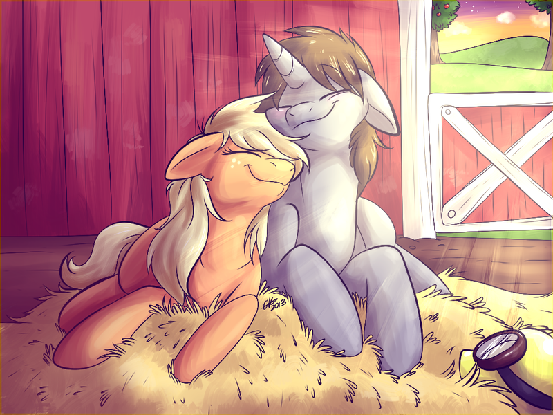 Size: 1024x768 | Tagged: safe, artist:fizzy-dog, derpibooru import, applejack, oc, barn, canon x oc, eyes closed, goggles, hat, hatless, hay, loose hair, missing accessory, shipping