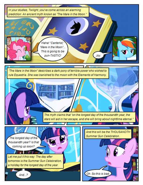 Size: 612x792 | Tagged: safe, artist:newbiespud, derpibooru import, edit, edited screencap, screencap, pinkie pie, rainbow dash, twilight sparkle, earth pony, pegasus, pony, unicorn, comic:friendship is dragons, friendship is magic, season 1, book, bookshelf, comic, eyes closed, female, horn, mare, open mouth, screencap comic, unicorn twilight