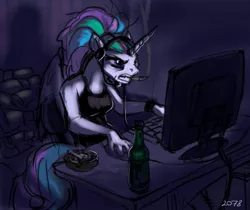 Size: 800x672 | Tagged: anthro, artist:2078, ashtray, computer, derpibooru import, headset, princess celestia, safe, smoking