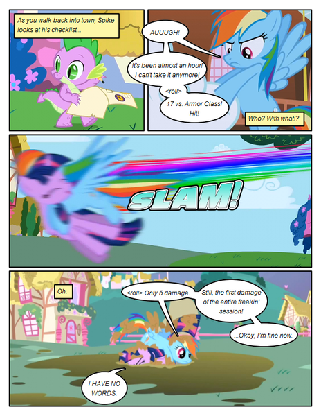 Size: 612x792 | Tagged: safe, artist:newbiespud, derpibooru import, edit, edited screencap, screencap, rainbow dash, spike, twilight sparkle, dragon, pegasus, pony, unicorn, comic:friendship is dragons, friendship is magic, season 1, checklist, claws, comic, eyes closed, fangs, female, hooves, horn, male, mare, mud, onomatopoeia, ponyville, screencap comic, unicorn twilight, wings