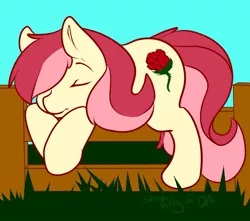 Size: 1000x885 | Tagged: safe, artist:shushikitty, derpibooru import, roseluck, earth pony, pony, 30 minute art challenge, eyes closed, female, fence, grass, lying, mare, outdoors, signature, sky, sleeping, solo