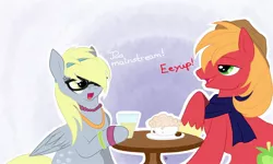 Size: 2004x1200 | Tagged: safe, artist:rainbowjune, derpibooru import, big macintosh, derpy hooves, earth pony, pony, clothes, cup, drink, glass, glasses, hipster, male, scarf, stallion, table