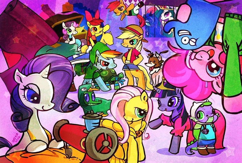 Size: 1000x675 | Tagged: safe, artist:rica, derpibooru import, apple bloom, applejack, fluttershy, gummy, pinkie pie, princess celestia, princess luna, rainbow dash, rarity, scootaloo, spike, sweetie belle, tank, twilight sparkle, winona, adventure time, bloo (foster's), clothes, costume, courage the cowardly dog, crossover, cutie mark crusaders, fabric, finn the human, foster's home for imaginary friends, image, jpeg, leonardo, mane seven, monkey d luffy, one piece, painting, phineas and ferb, pixiv, princess bubblegum, sewing, teenage mutant ninja turtles, the powerpuff girls