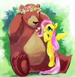 Size: 500x508 | Tagged: artist:rica, blushing, derpibooru import, floating, floral head wreath, flower, fluttershy, harry, heart, looking at each other, pixiv, safe, spread wings, wings