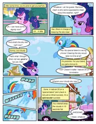 Size: 612x792 | Tagged: safe, artist:newbiespud, derpibooru import, edit, edited screencap, screencap, rainbow dash, spike, twilight sparkle, dragon, pegasus, pony, unicorn, comic:friendship is dragons, friendship is magic, season 1, alternate hairstyle, bridge, comic, female, flying, male, mare, onomatopoeia, ponyville, screencap comic, town hall, unicorn twilight