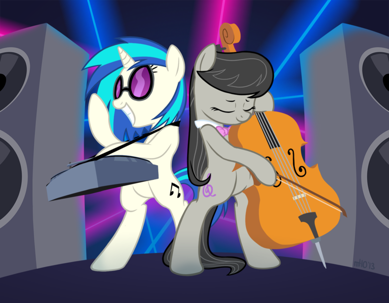 Size: 1286x1000 | Tagged: safe, artist:empty-10, derpibooru import, octavia melody, vinyl scratch, pony, bipedal, cello, musical instrument, playing, standing