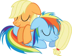 Size: 3849x3000 | Tagged: safe, artist:pasuri98, derpibooru import, applejack, rainbow dash, appledash, cuddling, female, filly, hug, lesbian, shipping, simple background, sleeping, transparent background, vector